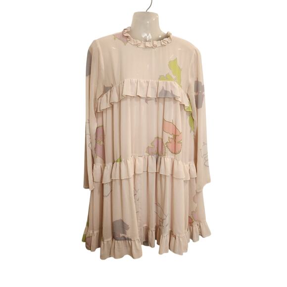 Cynthia Rowley Long Sleeve High Neck Tiered Floral Ruffle Shift Dress Pink Sze 6 - Picture 2 of 11